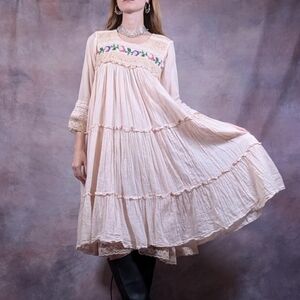 Cotton Tiered Cream Pink Embroidered Women's Dress With Lace Detail